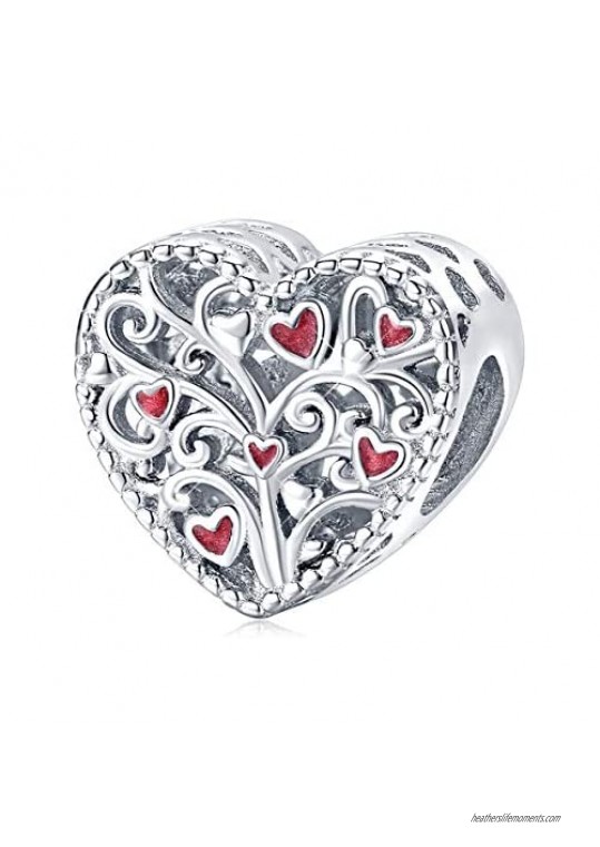BAMOER Heart Beads Family Tree Charms for Pandora Bracelets 925 Sterling Silver Love Heart Family Charms for Women Jewelry Gift