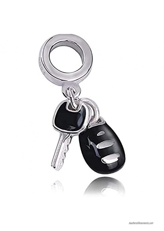 Bolenvi Black Enamel Car Keys Sports Vehicle Driver 925 Sterling Silver Charm Bead Pendant for Pandora & Similar Charm Bracelets or Necklaces