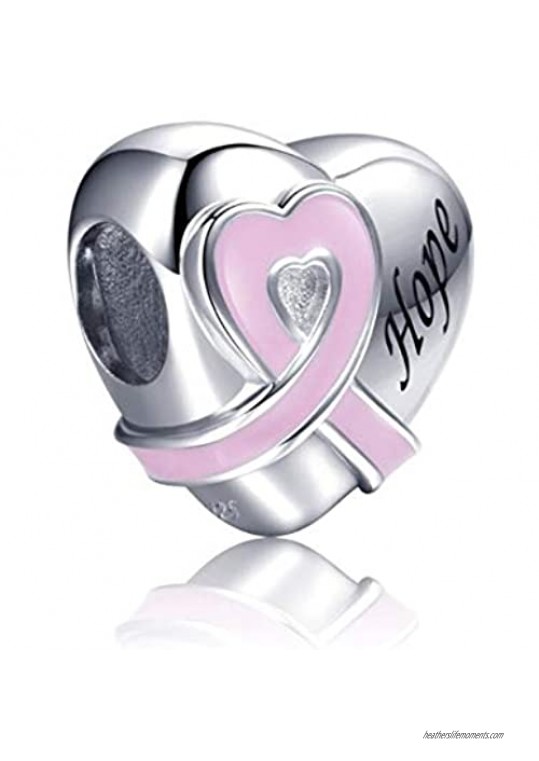 Bolenvi Hope Heart Pink Ribbon Breast Cancer Awareness 925 Sterling Silver Charm Bead for Pandora & Similar Charm Bracelets or Necklaces