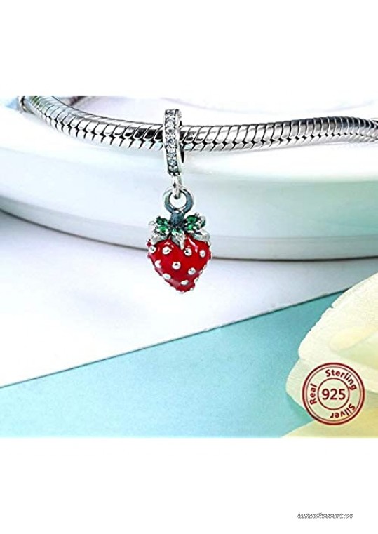 Bolenvi Red Enamel Fruit Strawberry 925 Sterling Silver Charm Bead Pendant for Pandora & Similar Charm Bracelets or Necklaces