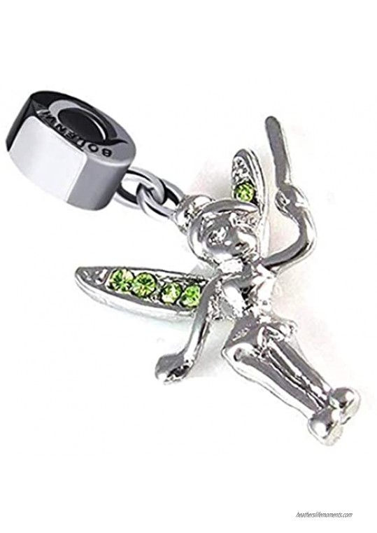 Bolenvi Tinkerbell Fairy Green Swarovski Crystals 925 Sterling Silver Clip-On Dangle Pendant X Charm Bead for Pandora & Similar Charm Bracelets or Necklaces
