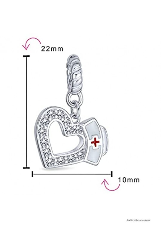 Caduceus RN Nurse Hat Cap Heart Shape Graduate Crystal CZ Dangle Bead Charm White Enamel .925 Sterling Silver Fits European Bracelet