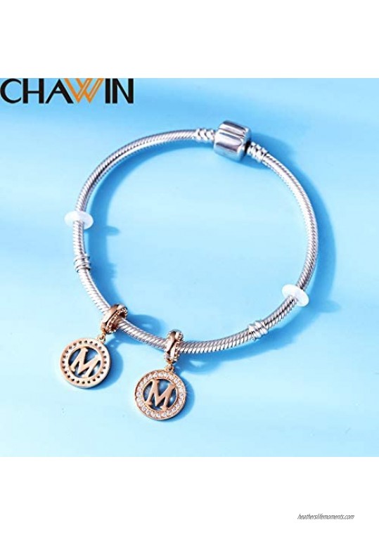 CHAWIN Initial A-Z Letter Charm Bead Alphabet Charms Rose Gold Authentic 925 Sterling Silver Charms fit Pandora Charm Bracelets Necklace Circle Dangle Charm for Women Girls Sparkling Clear Stone