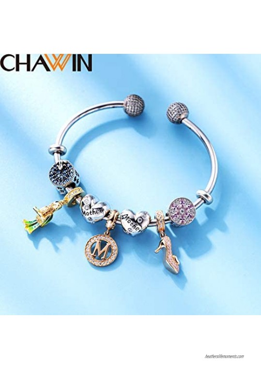CHAWIN Initial A-Z Letter Charm Bead Alphabet Charms Rose Gold Authentic 925 Sterling Silver Charms fit Pandora Charm Bracelets Necklace Circle Dangle Charm for Women Girls Sparkling Clear Stone