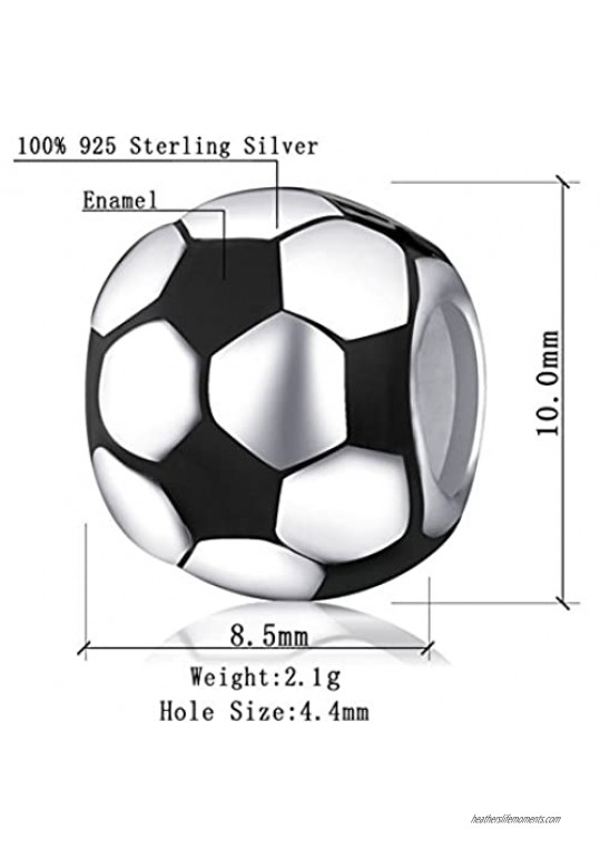 Choruslove Football Charm 925 Sterling Silver Soccer Ball Charm with Black White Enamel Bead for Sport Lover Charm Bracelet