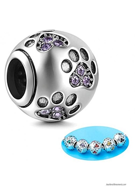 ENJOOOY Sterling Silver Dog Paw Print Charm Beads with Cubic Zirconia Crystals fit Pandora Style Beaded Bracelets for Pet Lovers