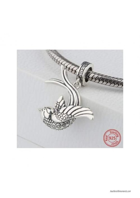 EVESCITY Flying Bird Sparrow Hummingbird Cute Charm Bead Pendant 925 Sterling Silver For Charms Bracelets ♥ Best Jewelry Gifts for Her Holiday Women Family Wife BFF Birthday ♥