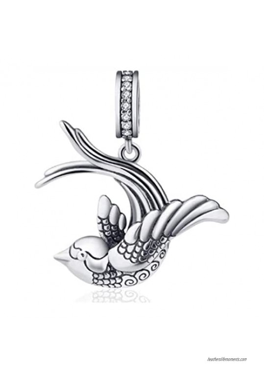 EVESCITY Flying Bird Sparrow Hummingbird Cute Charm Bead Pendant 925 Sterling Silver For Charms Bracelets ♥ Best Jewelry Gifts for Her Holiday Women Family Wife BFF Birthday ♥