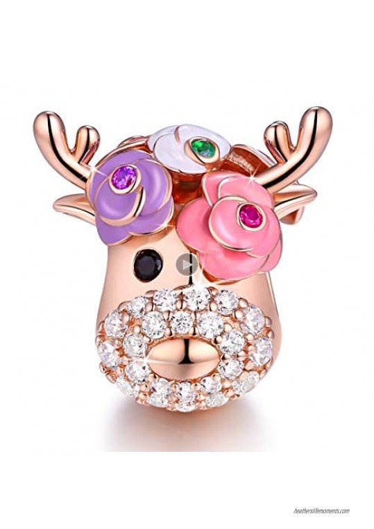 FOREVER QUEEN Deer Bead Elk Head Charms fit for Pandora Bracelets 925 Sterling Silver with Cubic Zirconia Jewelry