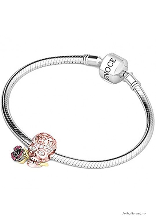 GNOCE Skull Charm Bead 925 Sterling Silver Skull with Rose Beads Charms for Bracelet Necklace Skull Lovers