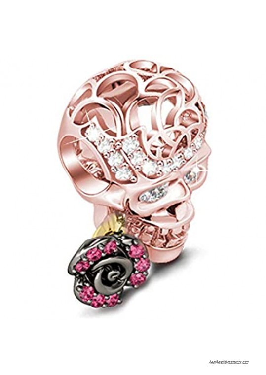 GNOCE Skull Charm Bead 925 Sterling Silver Skull with Rose Beads Charms for Bracelet Necklace Skull Lovers