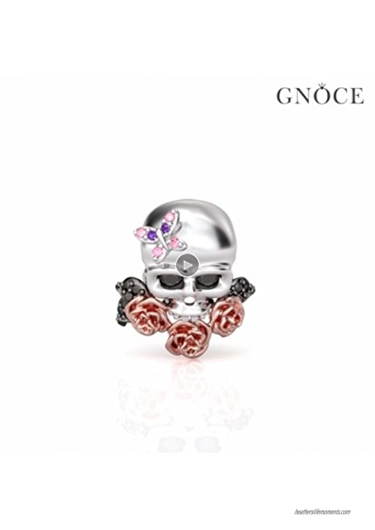 GNOCE Women's Sugar Skull Charm 925 Silver with Butterfly and Rose Gold Flowers Bracelets Charm for Women fit Bracelets Necklaces (Blooming)