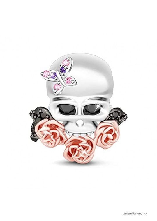 GNOCE Women's Sugar Skull Charm 925 Silver with Butterfly and Rose Gold Flowers Bracelets Charm for Women fit Bracelets Necklaces (Blooming)