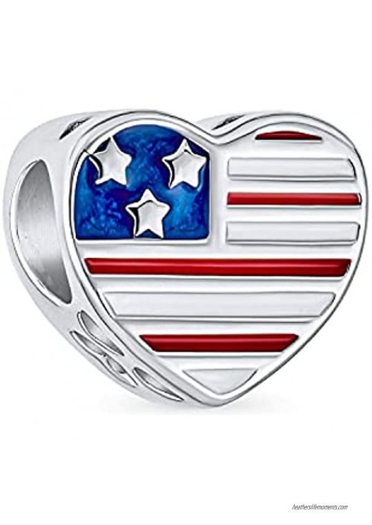 Heart Shape American Patriotic USA Flag Words Military Mom Charm Bead For Women Wife .925 Sterling Silver Fits European Charm Bracelet