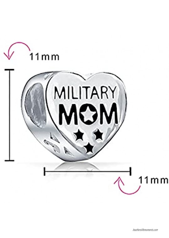 Heart Shape American Patriotic USA Flag Words Military Mom Charm Bead For Women Wife .925 Sterling Silver Fits European Charm Bracelet