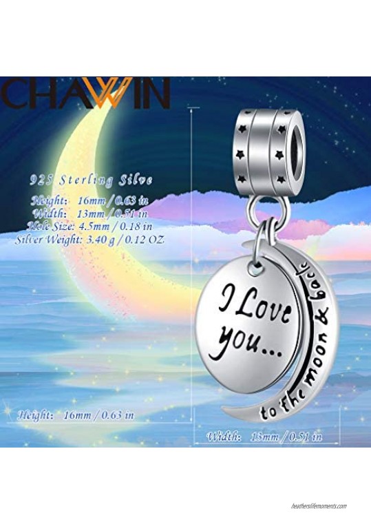 “I Love You To the Moon and Back” for Mom Women Girls 925 Sterling Silver Dangle Charm Fit Pandora Bracelets Charms Necklace Chain