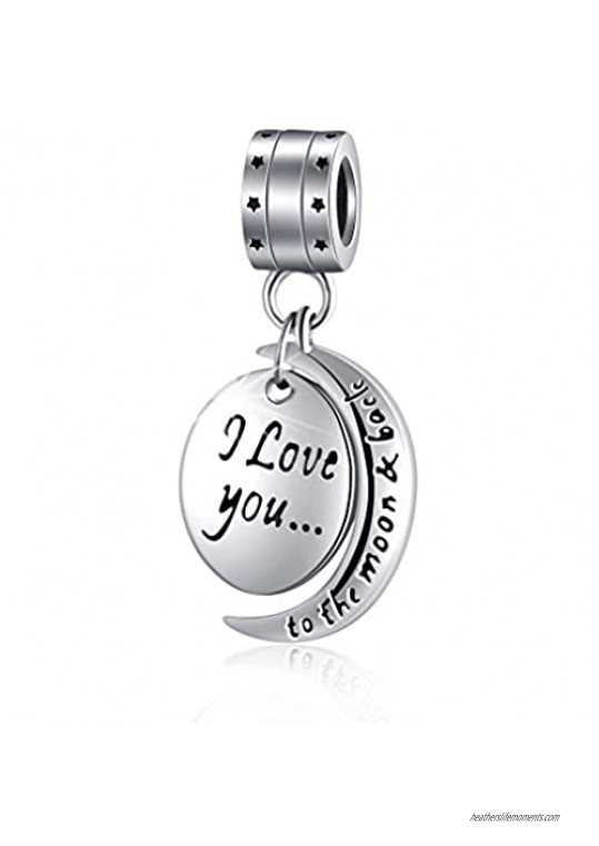 “I Love You To the Moon and Back” for Mom Women Girls 925 Sterling Silver Dangle Charm Fit Pandora Bracelets Charms Necklace Chain