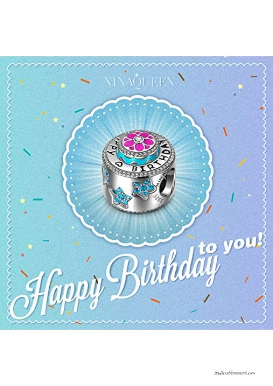 NINAQUEEN Happy Birthday 925 Sterling Silver Bead Charms 5A Cubic Zirconia and Hand-applied Enamel Jewelry Box included for Gift Fit for Pandora Charms Bracelet