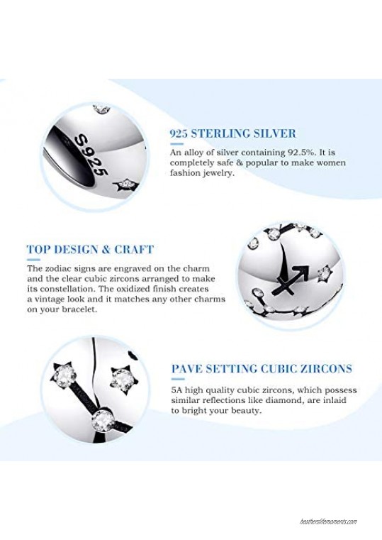 NINGAN Zodiac Sign Bead Birthday Charms - 925 Sterling Silver Birthstone Charms Fits Euporean Women's Charm Bracelet & Necklace Bangle Gifts for Girls & Friends