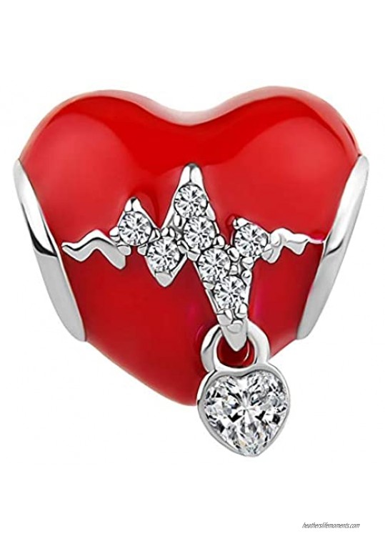 SexyMandala Love Heart Crystal Heartbeat Charm Red Enamel Bead for Bracelets