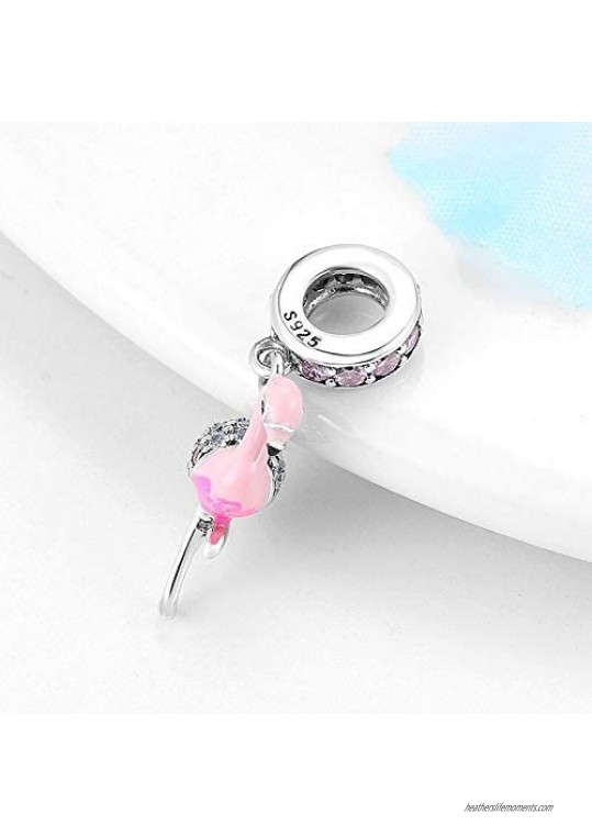 YUHE Pink Flamingo Charm 925 Sterling Silver Beads with Clear CZ Fit Women Pandora Style Bracelet for Thanksgiving/Christmas Day
