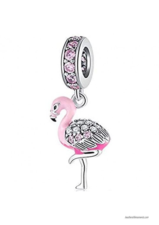 YUHE Pink Flamingo Charm 925 Sterling Silver Beads with Clear CZ Fit Women Pandora Style Bracelet for Thanksgiving/Christmas Day