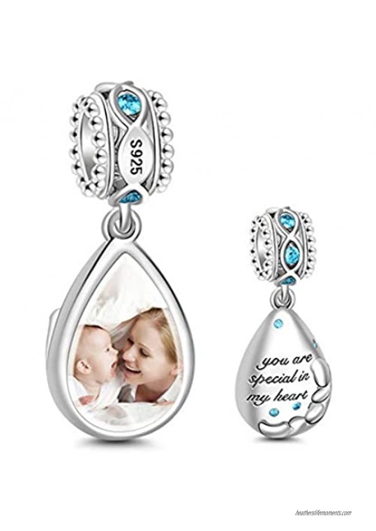 Gnoce Teardrop Shape Photo Custom Charm with Engraving Words"You Are Special In My Heart" Sterling Silver Personalized Picture Charm Pendant fit All Bracelets Necklaces (1Custom Charm)