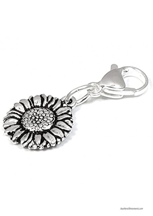 Silver Sunflower Zipper Pull  Clip on Purse Charm Dangle with Lobster Clasp