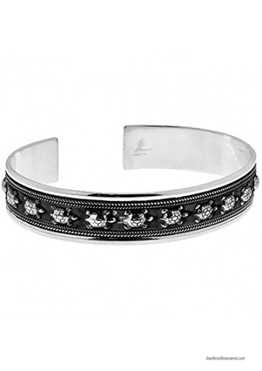 AeraVida Turtle in a Row Balinese Style .925 Sterling Silver Cuff Bangle Bracelet