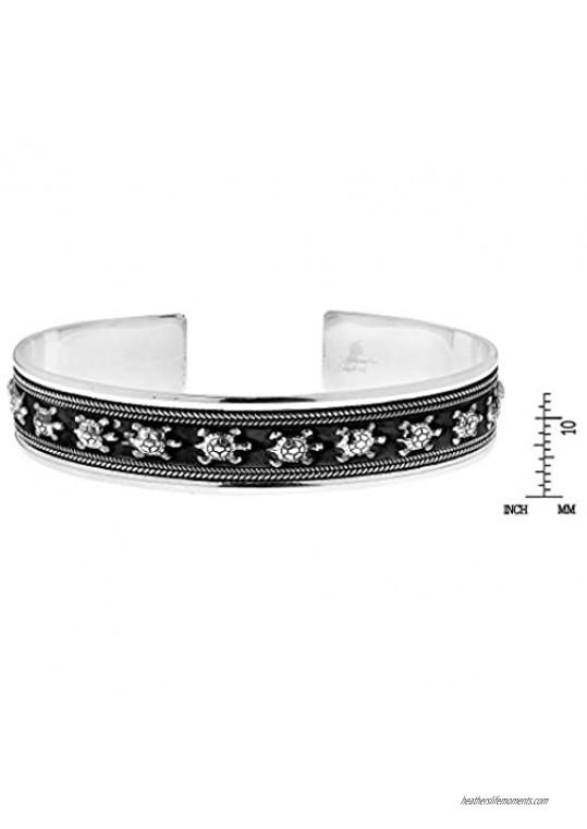 AeraVida Turtle in a Row Balinese Style .925 Sterling Silver Cuff Bangle Bracelet