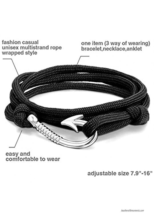 Aroncent Fish Hook Bracelet Leather Braided Wrap Rope Wristband Men Women Black 2 PCS 8.5-10.5 Inches