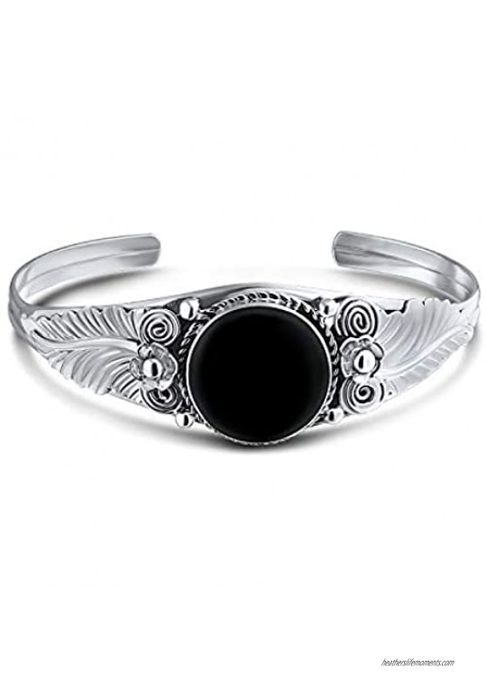 Boho Southwestern Navajo Style Oval Cabochon Statement Onyx Stabilized Turquoise Cuff Bracelet For Women Nature Leaf 925 Sterling Silver