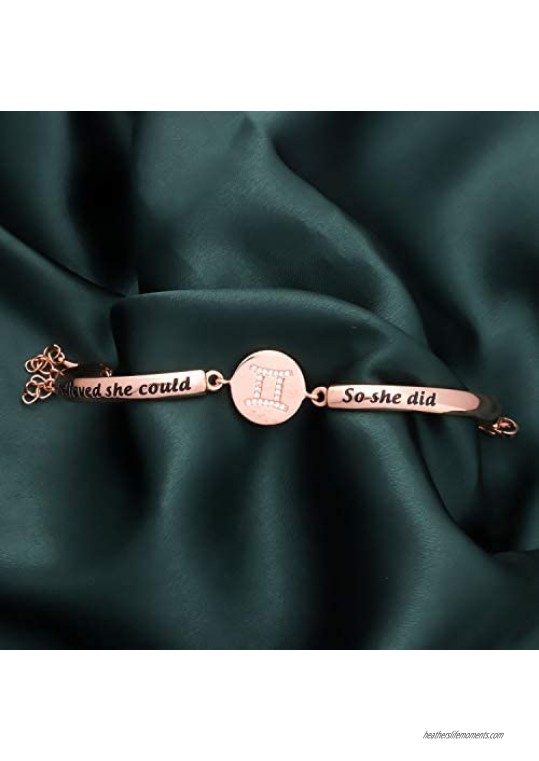FAADBUK Rose Gold Zodiac Sign Bracelet Zodiac Symbol Charm Gift She Could So She Did Jewelry Expandable Bangle Bracelet Gift for Women Girls