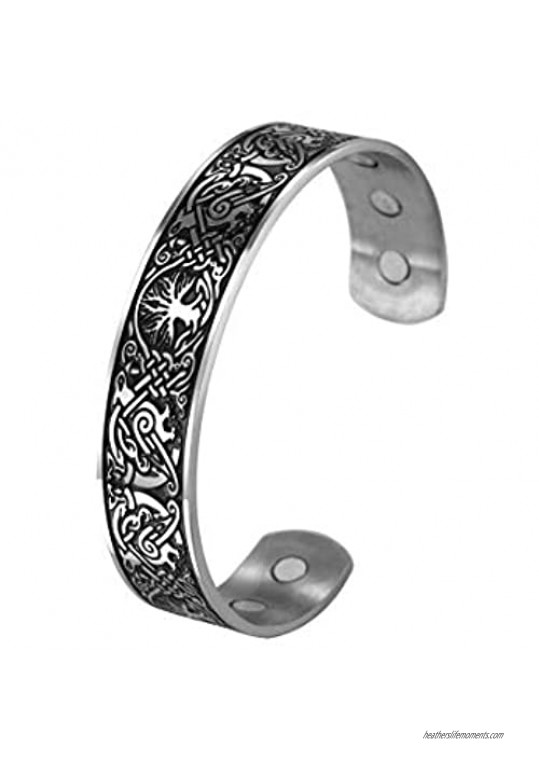 fishhook Viking Nordic Tree of Life Raven Talisman Stainless Steel Magnetic Therapy Cuff Bangle Bracelet for Women Men