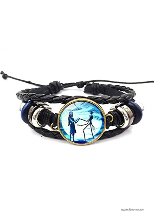 Jack and Sally Nightmare Before Christmas Beaded Hand Woven Leather Bracelet Braided Punk Chain Cuff
