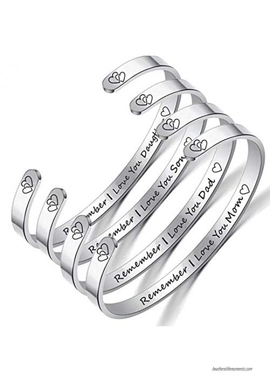 Justfitgear Inspirational Stainless Steel Maxim Motto Engraved Bracelet Bangle Cuff Gift Solid Metal for Women One Size Fits All (Remember I Love You Mom - Silver)