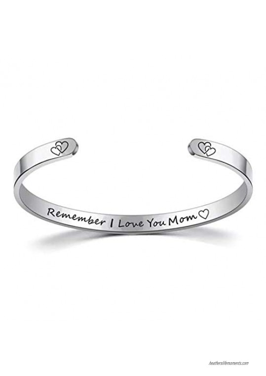 Justfitgear Inspirational Stainless Steel Maxim Motto Engraved Bracelet Bangle Cuff Gift Solid Metal for Women One Size Fits All (Remember I Love You Mom - Silver)