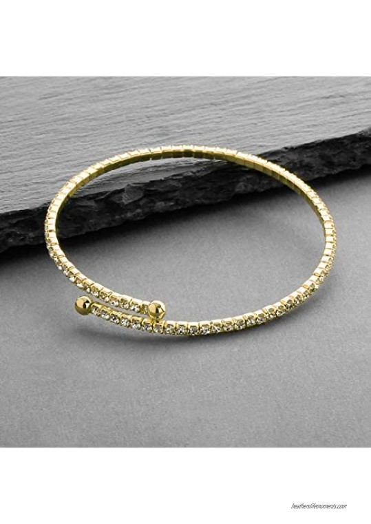 Mariell 14K Gold Crystal Rhinestone Cuff 1-Row Bangle Bracelet for Bridal Wedding Prom Bridesmaids