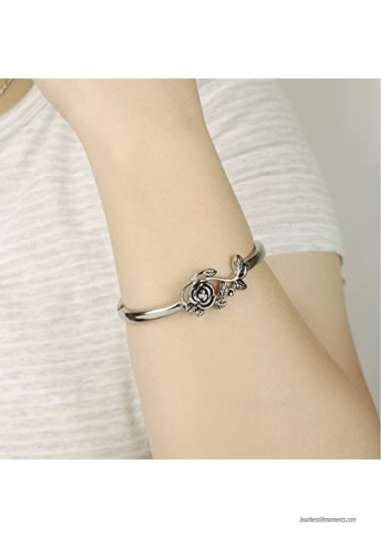 Merdia Polished Cuff Bracelet for Women Titanium Steel Rose Flower Bracelet 22.4G