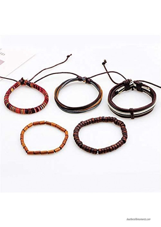 MRSXXNT Wrap Bracelets Mens Women Cowhide Multi-Layer Braided Leather Bracelet Bangle Adjustable Bracelet 5pcs