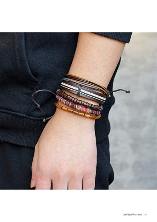 MRSXXNT Wrap Bracelets Mens Women Cowhide Multi-Layer Braided Leather Bracelet Bangle Adjustable Bracelet 5pcs