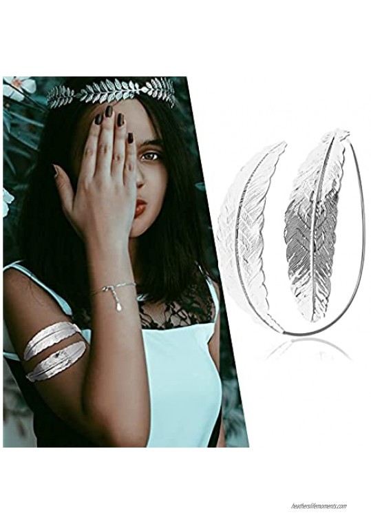 RechicGu 4 Pieces Leaf Swirl Armlet Arm Cuff Bangle Bracelet Metal Open Upper Arm Band Belly Dance Wedding Feather Chain Armband Adjustable
