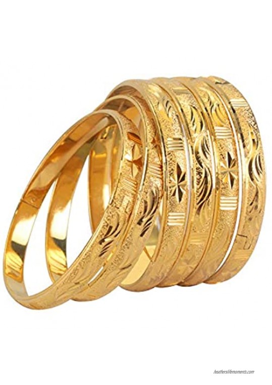 Solid Engaved African Bangle Bracelet for Women 18k Gold Plated Copper Open Bangle Bracelets Jewelry 6 Pcs/Pack 2.6