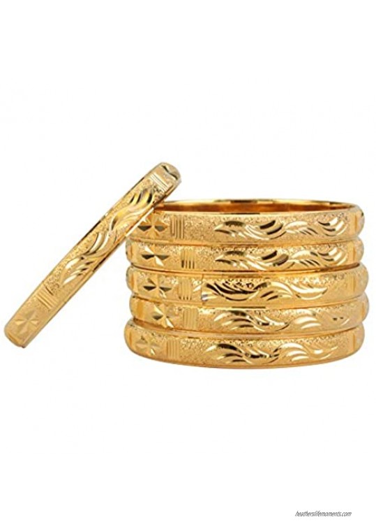 Solid Engaved African Bangle Bracelet for Women 18k Gold Plated Copper Open Bangle Bracelets Jewelry 6 Pcs/Pack 2.6"