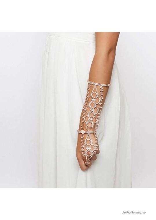 SP Sophia Collection Boho Filigree Wedding Bridal Arm Cuff Armlet Bracelet and Ring Fashion Rhinestone Body Jewelry