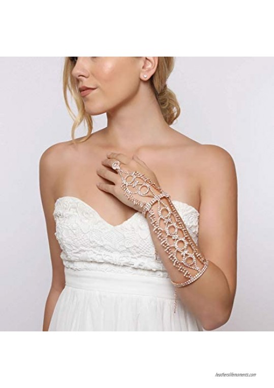 SP Sophia Collection Boho Filigree Wedding Bridal Arm Cuff Armlet Bracelet and Ring Fashion Rhinestone Body Jewelry