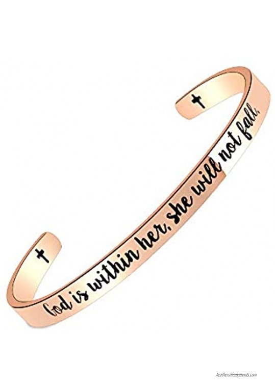 SUNSH God is Within Her She Will Not Fall Cuff Bracelet Bible Verse Cross Bangle for Women Teen Girls Lover Mantra Quote Christian Religious Inspirational Jewelry Family Couple Friendship Gifts