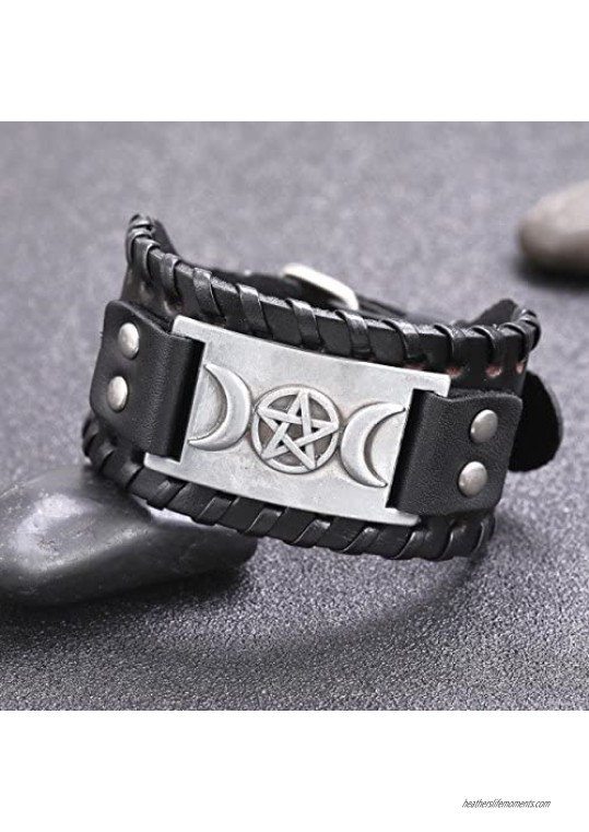 VASSAGO Vintage Pagan Triple Moon Goddess Pentacle Pentagram Metal Amulet Cuff Leather Bracelet