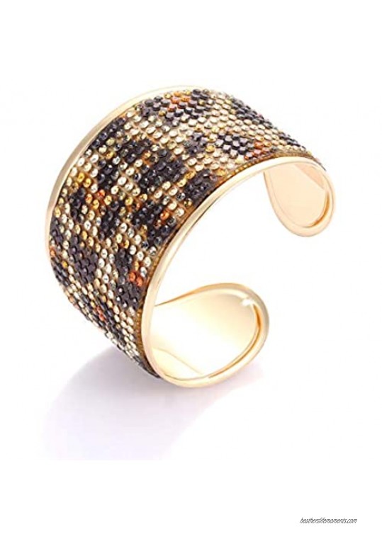 ZITULRY Leopard Print Cuff Bracelet for Women Resin Cheetah Print Leather Crystal Rhinestone Gems Wide Open Bangle Bracelet