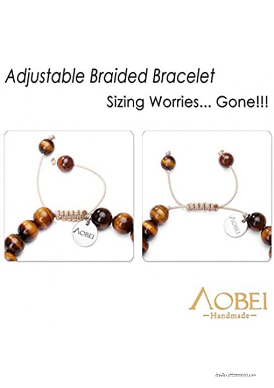 2PCS Gemstone Beaded Couple Bracelet 8MM/10MM Round Beads Healing Reiki Macrame Adjustable Jewelry for Men Women by Aobei